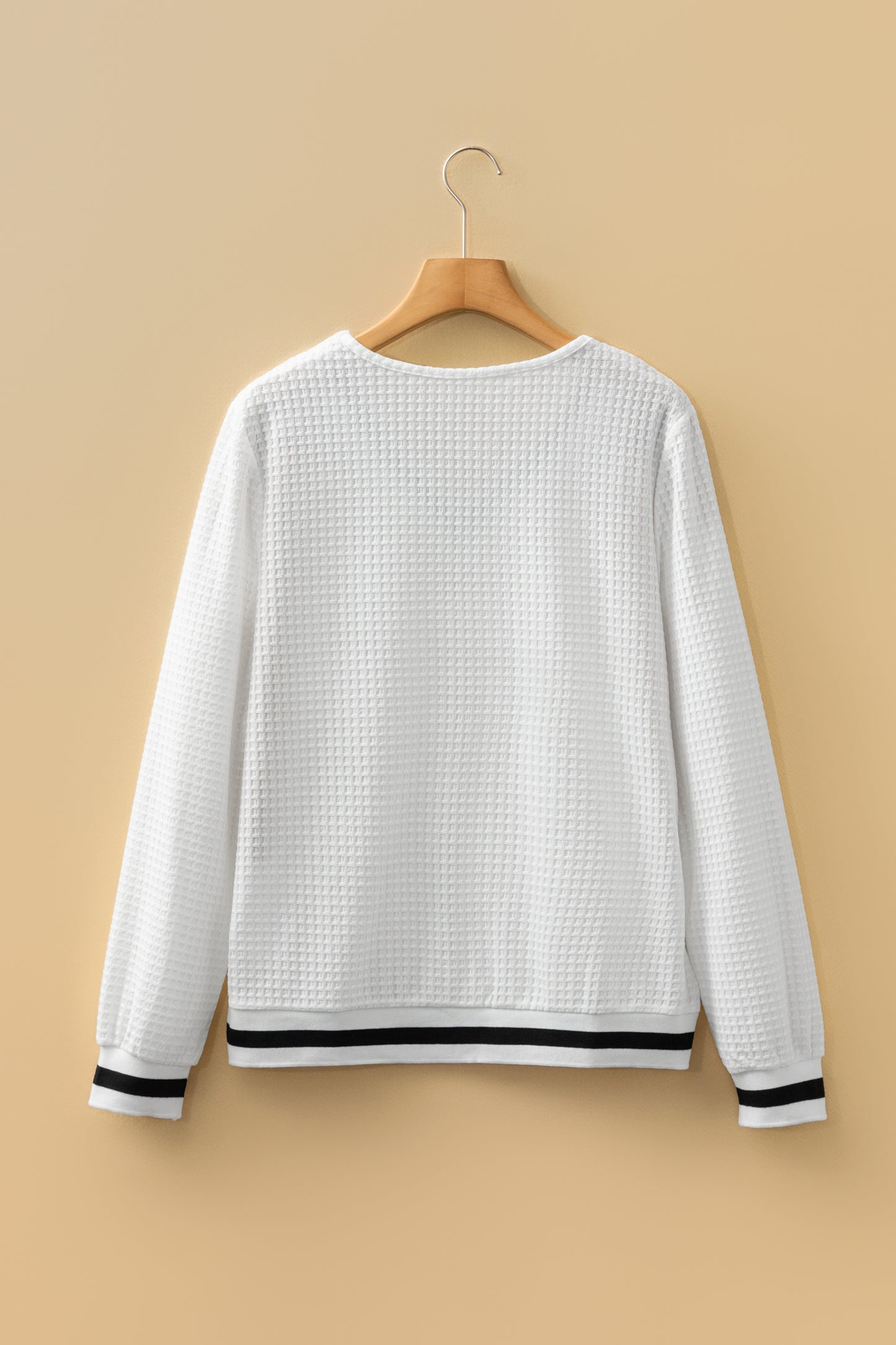 White Textured Knit Preppy Striped Trim V Neck Pullover Waffle Top