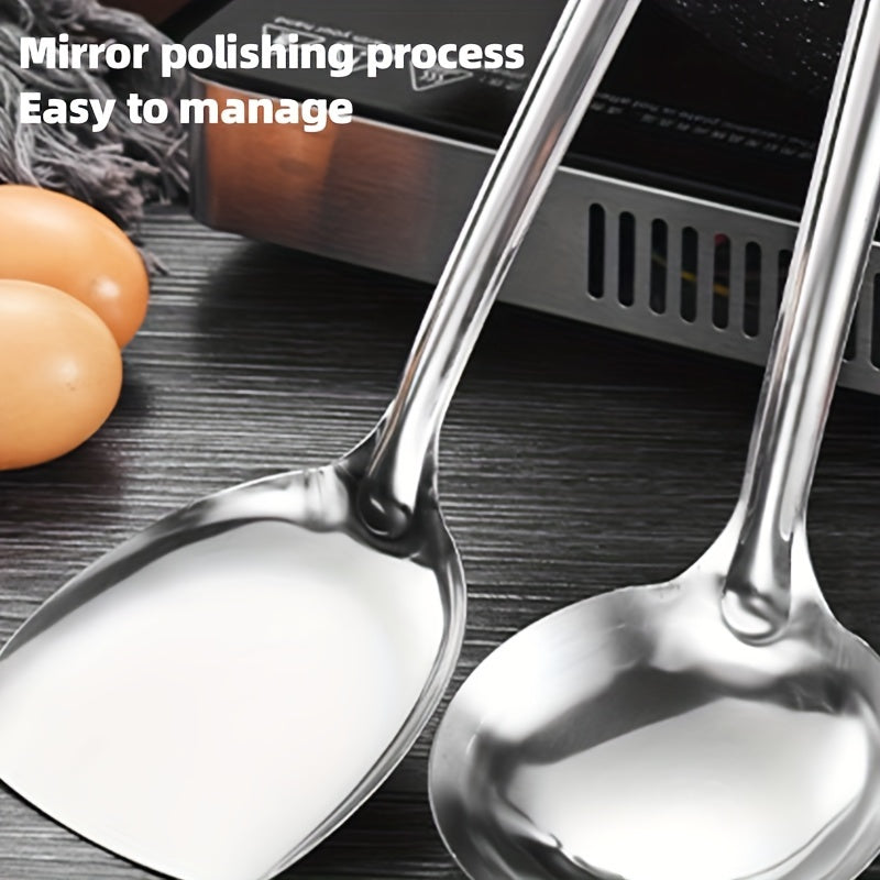 5pcs Stainless Steel Kitchen Utensil Set with Wooden Handles - Durable Metal Cooking Tools Including Slotted Turner, Solid & Slotted Spoons, Rice Paddle - Non-Electric, Rust-Resistant Cookware Accessories