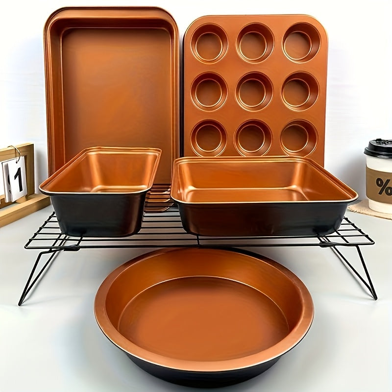 5-10pcs Non-Stick Bakeware Set, Round Cake Pan and Square Loaf & Muffin Tins with Roasting Dish – Oven Safe, Easy to Clean, Dishwasher Friendly