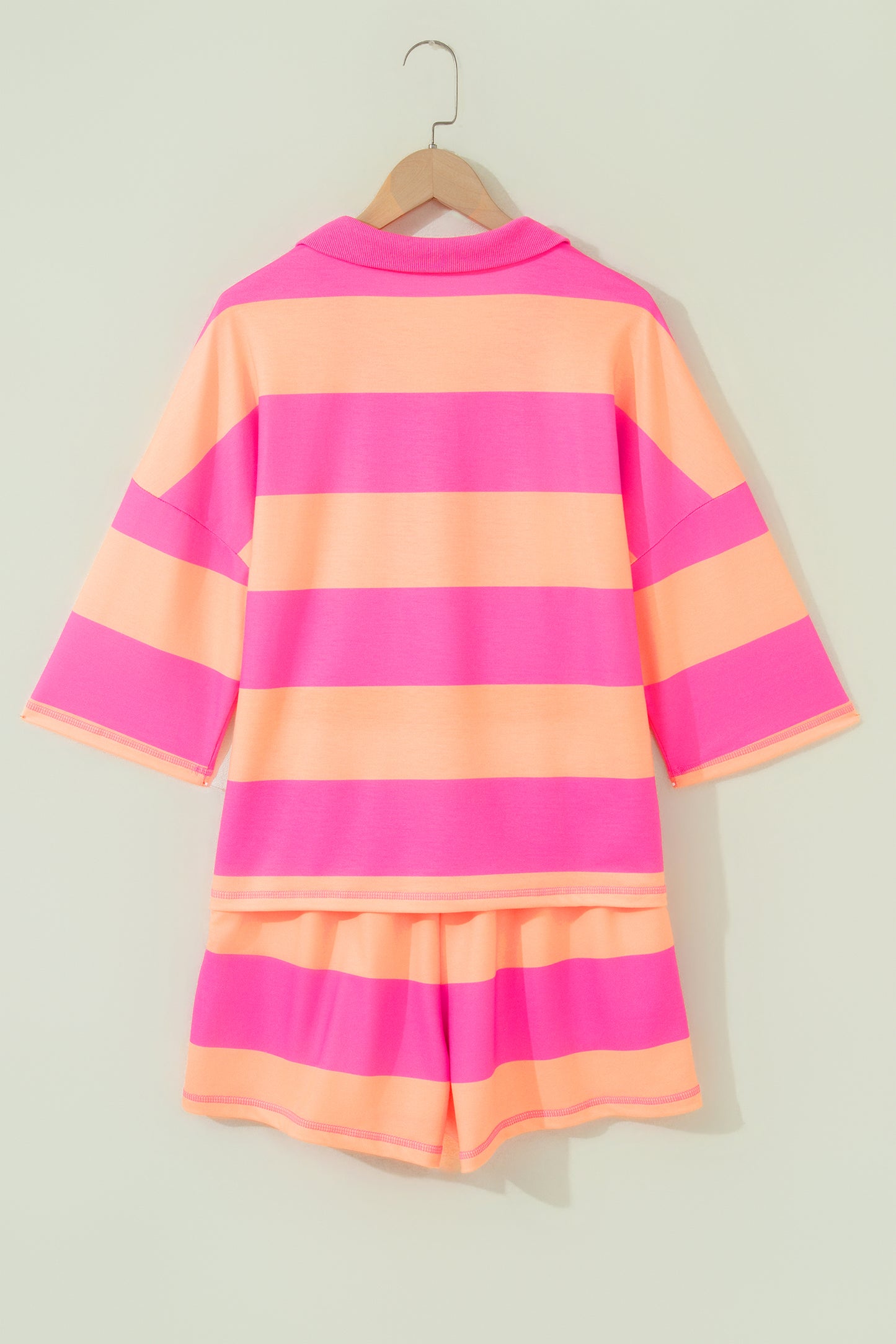 Yellow Stripe Half Zipper Placket Bracelet Sleeve Top Casual Shorts Set