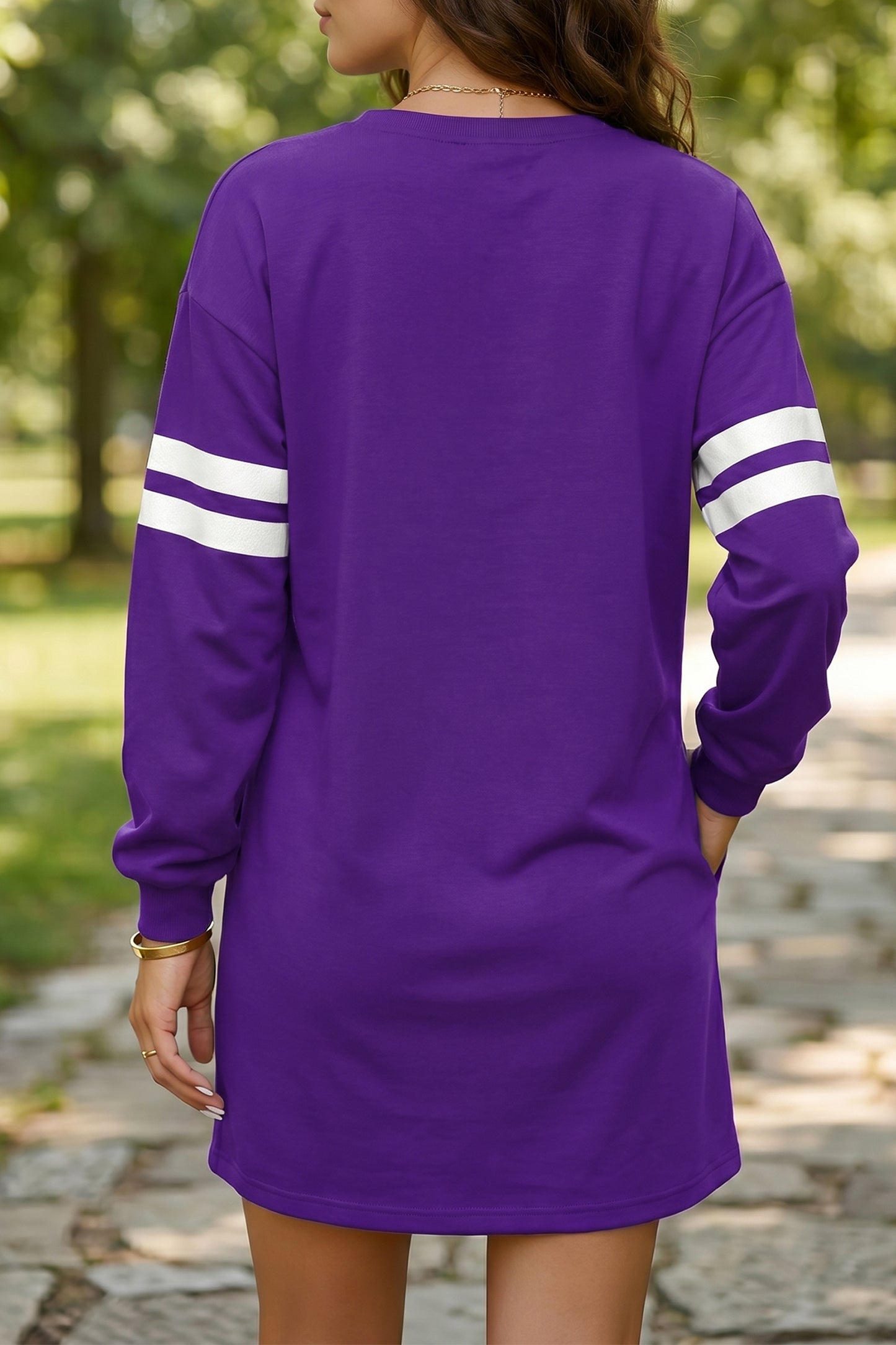 Tillandsia Purple Varsity Contrast Banded Sleeve Shift Sweatshirt Dress