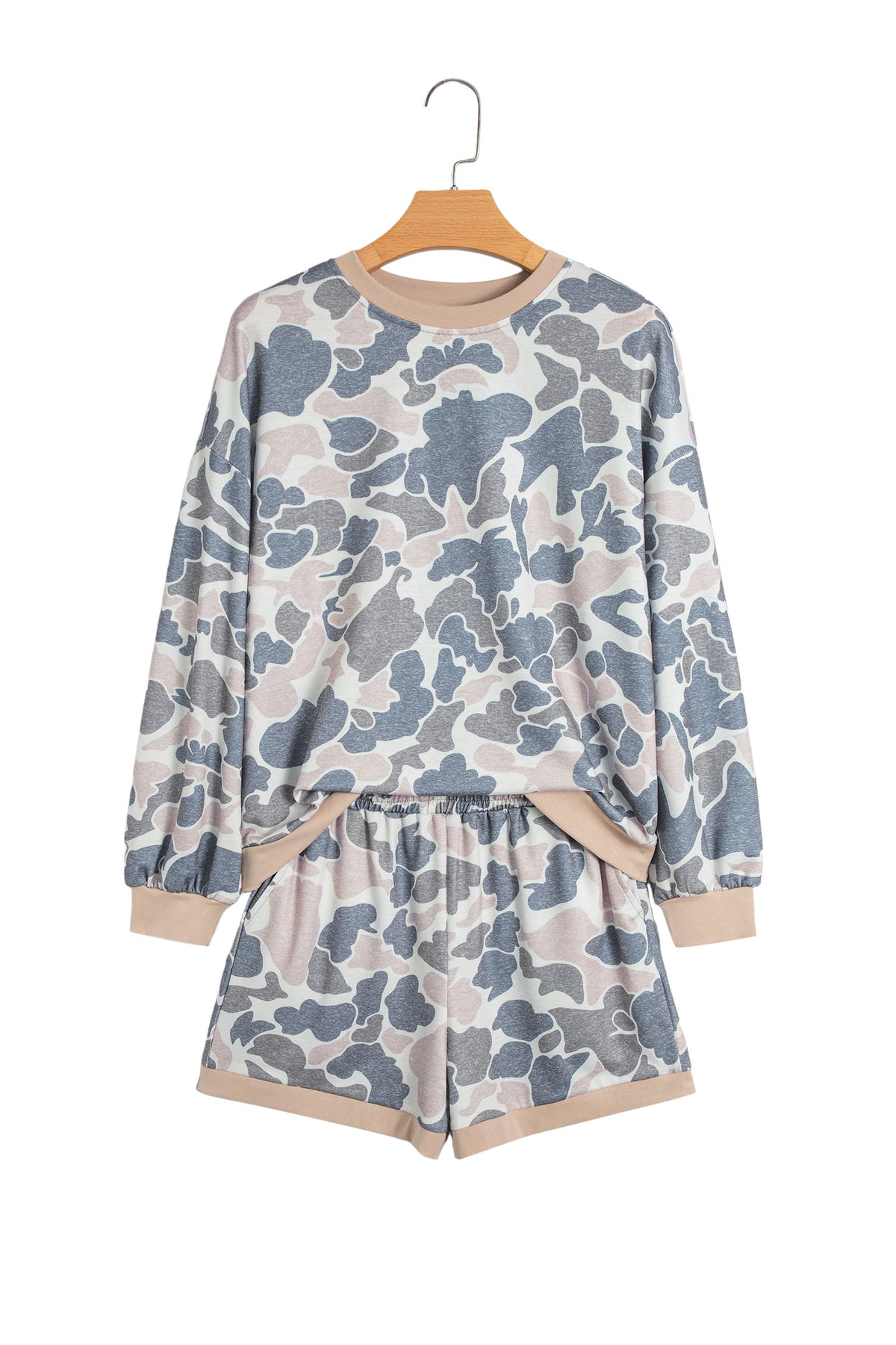 Multicolour Camouflage Patchwork Colorblock 2pcs Long Sleeve Top and Shorts Set