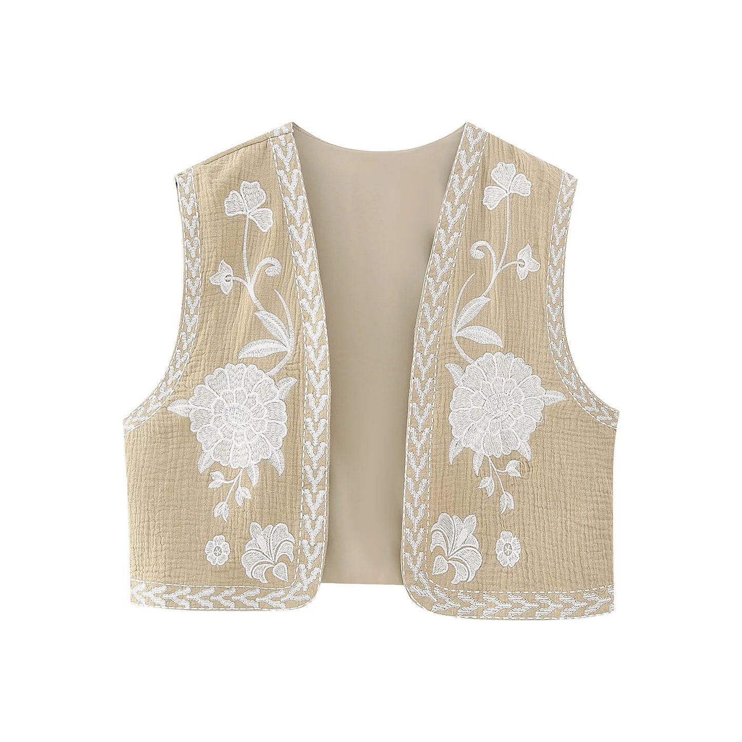 Women's Vintage Floral Embroidered Open Waist Coat Casual Vacation Crop Top National Style Vest Jacket for Ladies