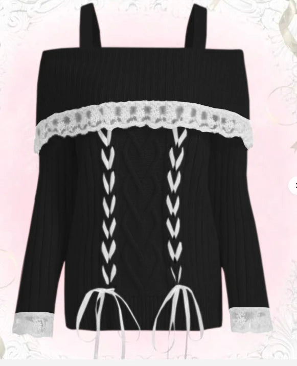 Women's Cold Shoulder Sweaters Long Sleeve Contrast Lace Knit Pullovers Bow Front Jumper Tops