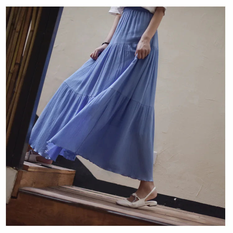 2025 Summer New Women White Long Skirt High Waist Stretch Cotton And Linen Skirts Saia Women A-Line Skirt Faldas Jupe Femme