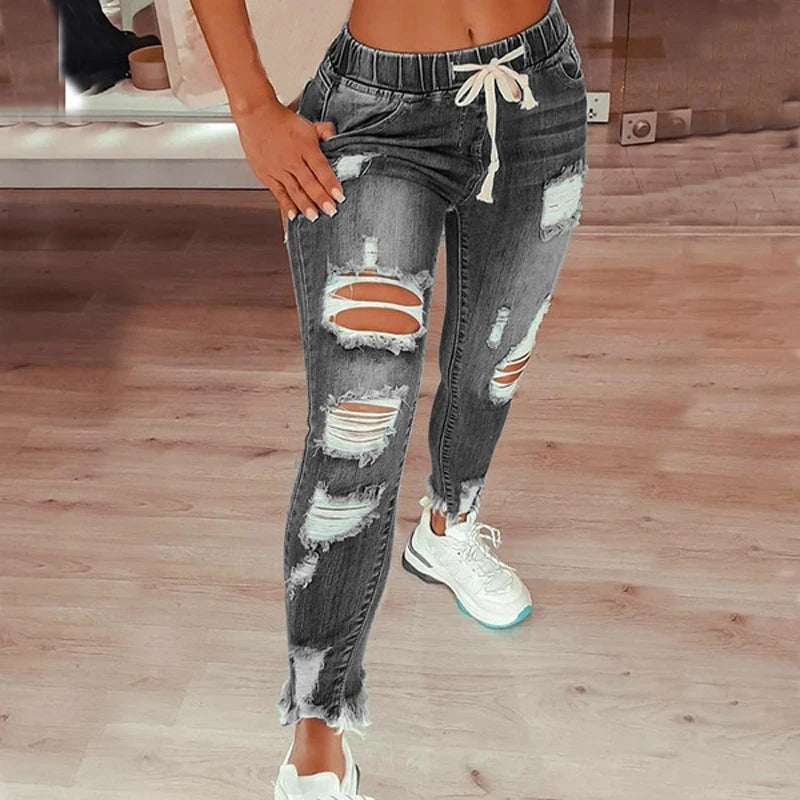 Drawstring Denim Jeans For Women Ripped Hole Stretch Jean Ladies Pencil Pants Pantalones de mujer
