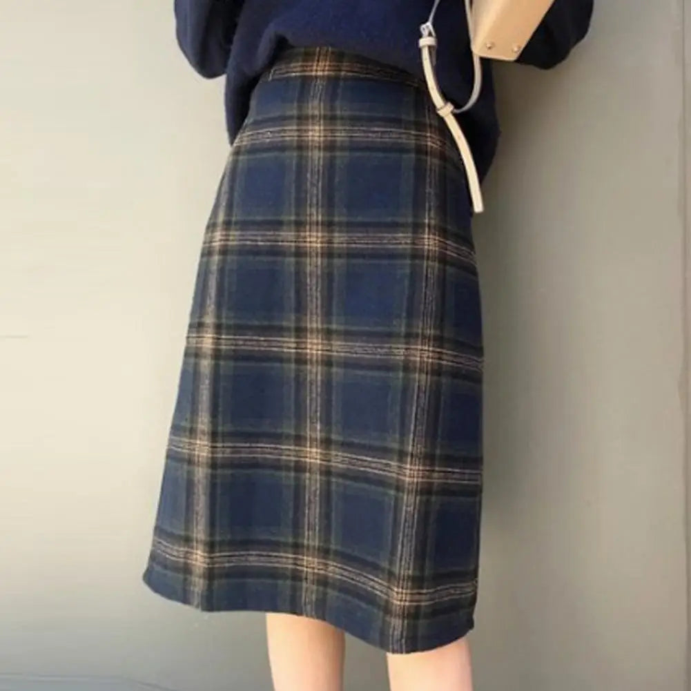 Korean Fashion Casual Women Autumn Winter Vintage Blue/Gray Plaid High Waist Warm Faux Woolen A-line Skirt S-2XL