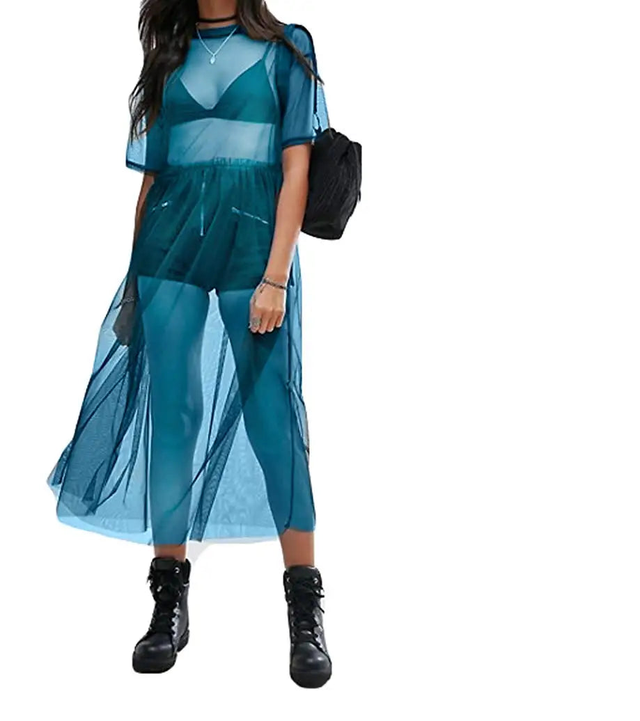 Sexy T Shirt Mesh Sheer Dress Women See-through Cover Up Top T Shirt Fashion Transparent Short Sleeve Casual Summer Beach Tops