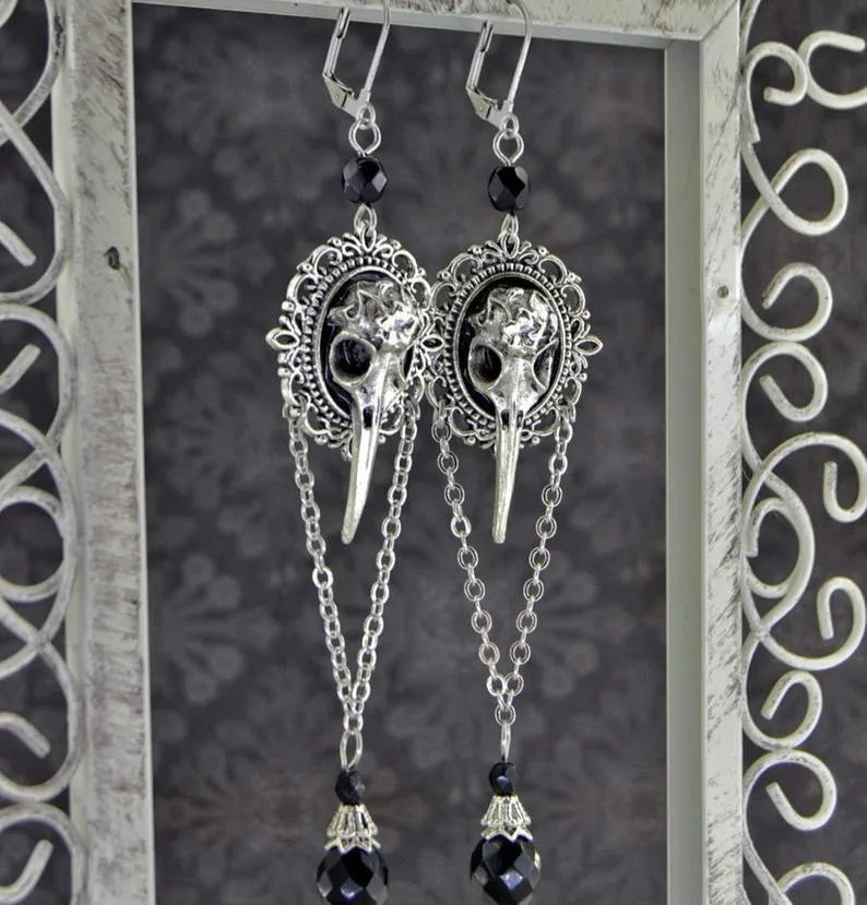 Grim, Gothic Raven Earrings | Elegant Gothic Earrings, Long Raven Earrings, Raven Skull Earrings, Gothic Raven Earrings