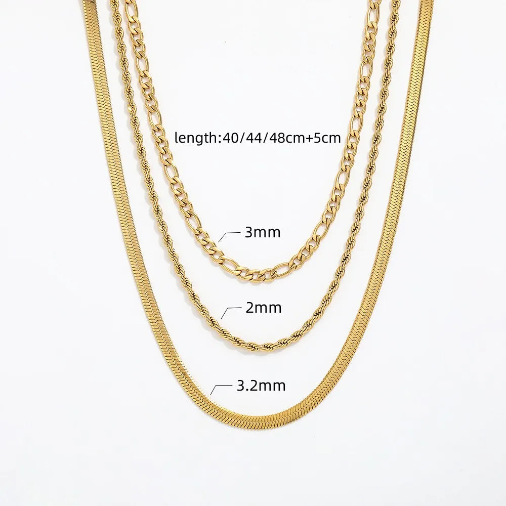 Joolim Jewelry Chaîne Figaro plaquée or, chaîne corde, chaîne serpent, collier trois rangs en acier inoxydable, vente en gros de bijoux