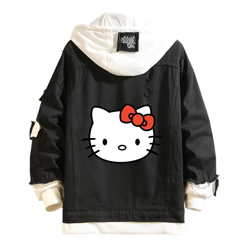 Anime Sanrio Denim Bomber Jacket Hello Kitty Hooded Jeans Sweatshirt Unisex Ripped Hole Cosplay Hoodie Long-Sleeved Denim Jacket