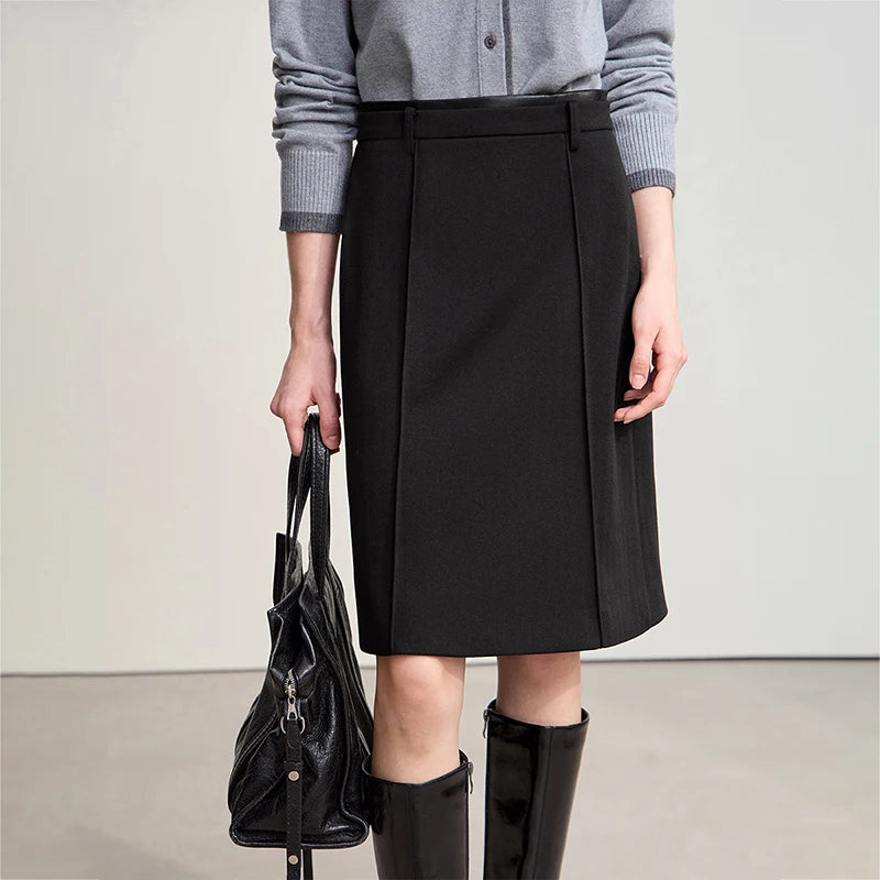 AMII Minimalist Skirts For Women 2025 Winter New Straight Solid Knit Midi Skirt Patchwork Leather Casual Woman Clothes 12524092