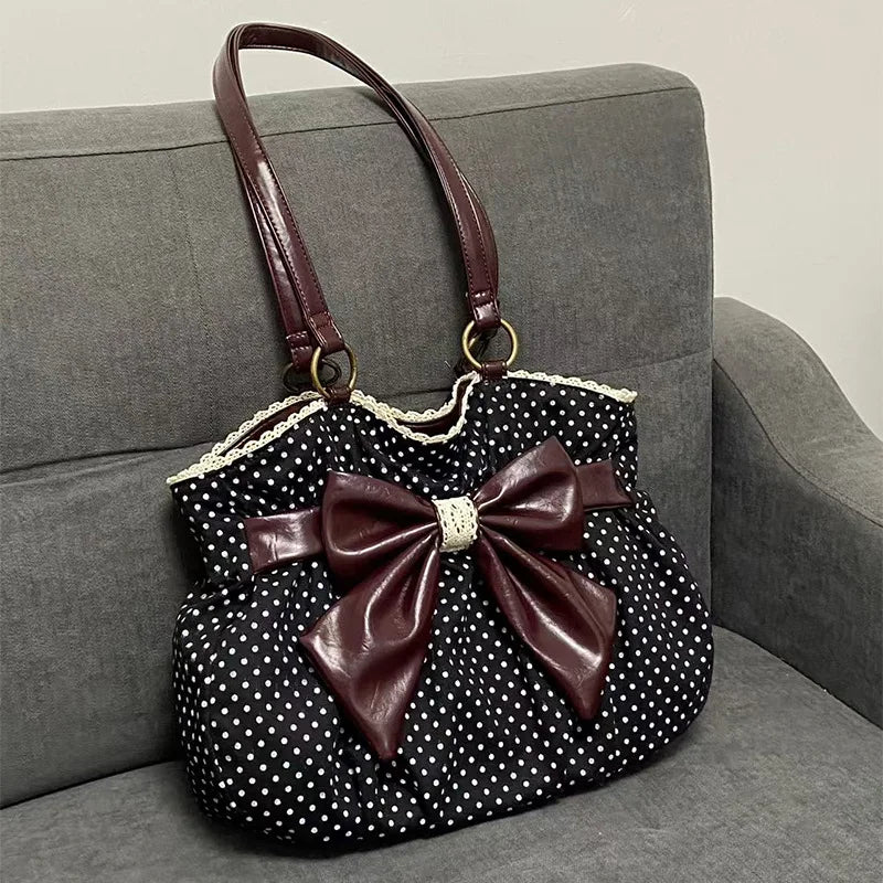 Chic Polka Dot Tote Bag Casual Commuting Vintage Women Handbags Shoulder Bag Versatile Large Capacity Dot Design Bow Sweet Bag