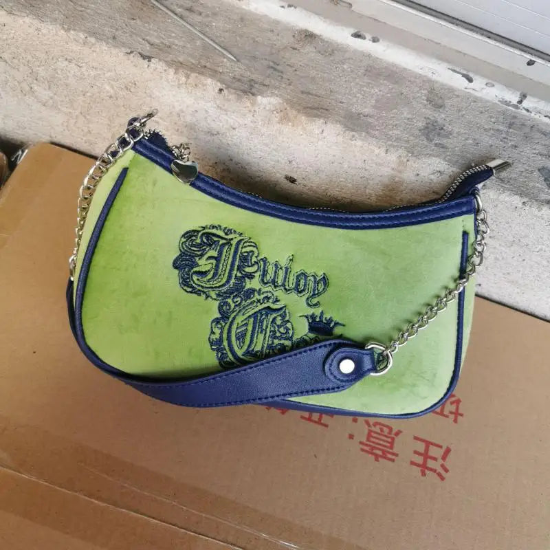 Vintage Underarm Bag Unique Green Embroidered Single-shoulder Handbag For Girls And Women Fashion Baguette Crossbody Bag