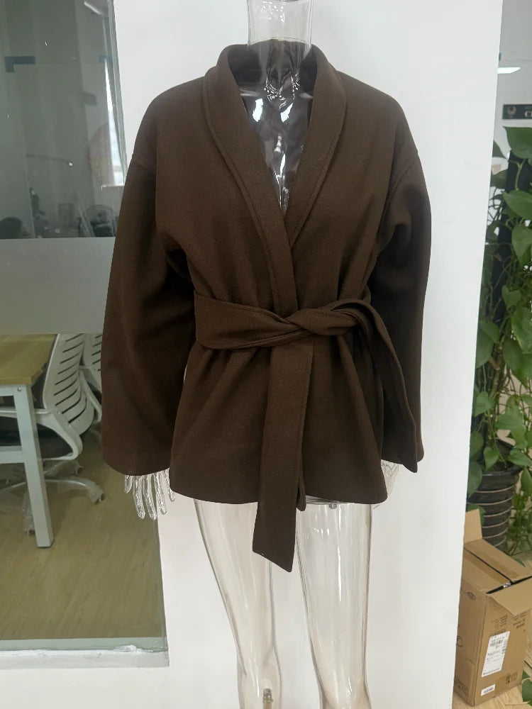 Fashion Casual Brown Coat Cardigan Simple Loose V-Neck Long Sleeve With Belt Jackets 2025 Autumn Winter Lady New Solid Outerwear