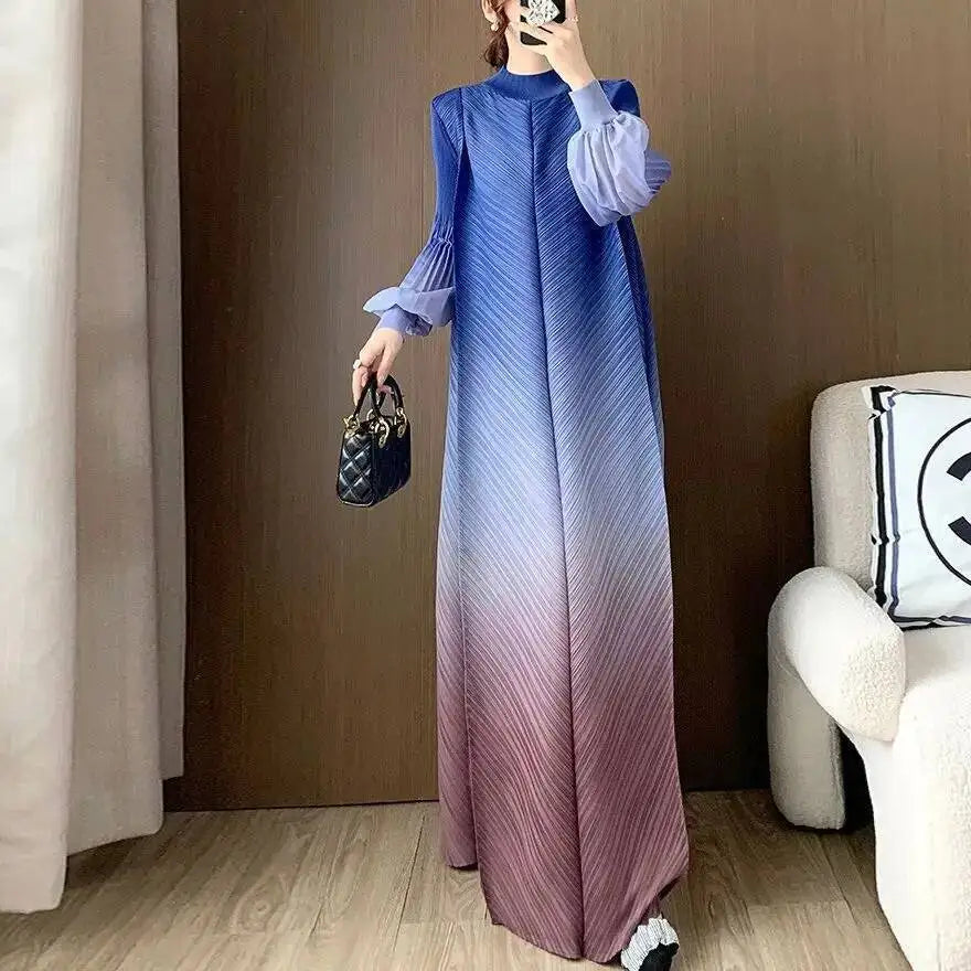 LANMREM Niche Gradient Colorblock Design Pleasted Women's Dress 2025 New Loose Chic Long Sleeve Temperament Long Dresses 2DB3396