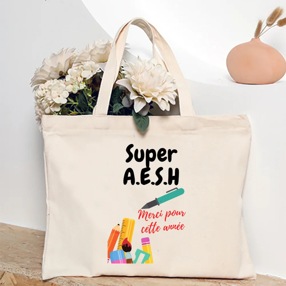 Merci Aesh French Printed Women Tote Bag Canvas Shopping Bags Female Shoudler Bag Travel Handbag Graduate Thanks Gift for Aesh