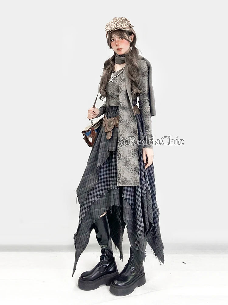 REDDACHiC Big Size Asymmetrical Plaid Skirt Retro Punk Raw Edge Irregular Patchwork Elastic Waist Long Skirt Women Acubi Fashion