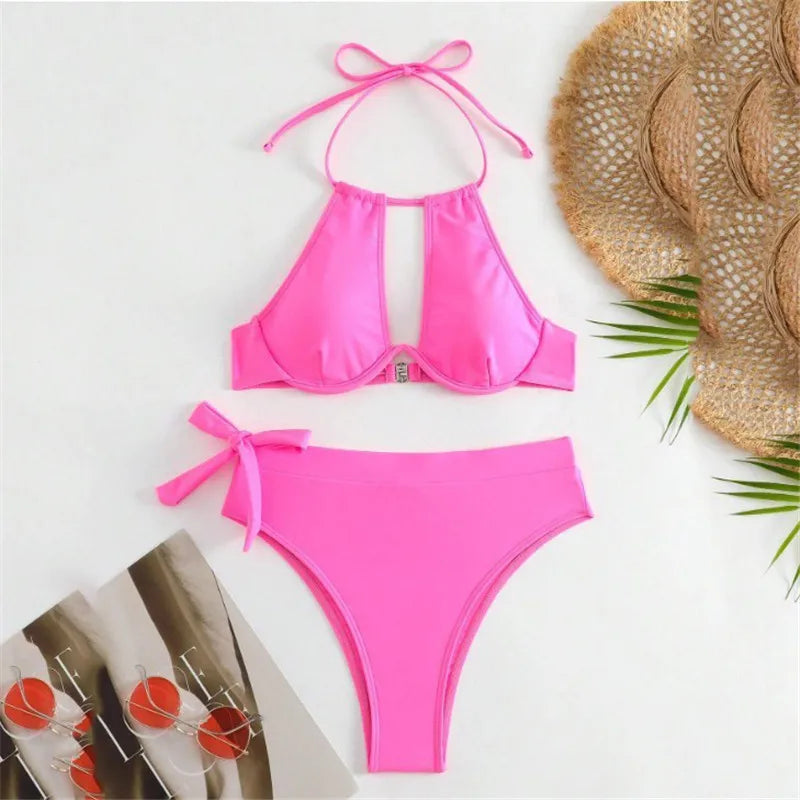 Brown High Waisted Bikini Set String Halter Swimwear Sexy Swimsuit Women Hollow Out Bathing Suit Push Up Bikinis 2026 Mujer