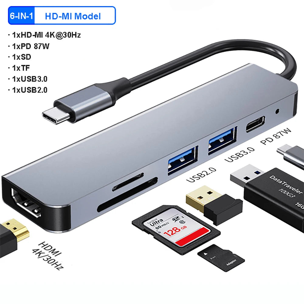 KEBIDUMEI 6 in 1 USB C Docking Station USB Hub Type C to HDMI USB 3.0 SD TF PD 87W USB Splitter OTG Adapter for MacBook Laptop