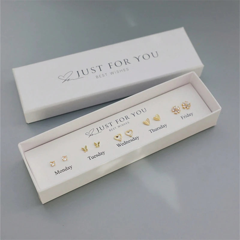 5-Pair Simple Zircon Flower Love Butterfly Earrings Weekly Gift Box for Women's Daily Personalized Festival Anniversary Gift