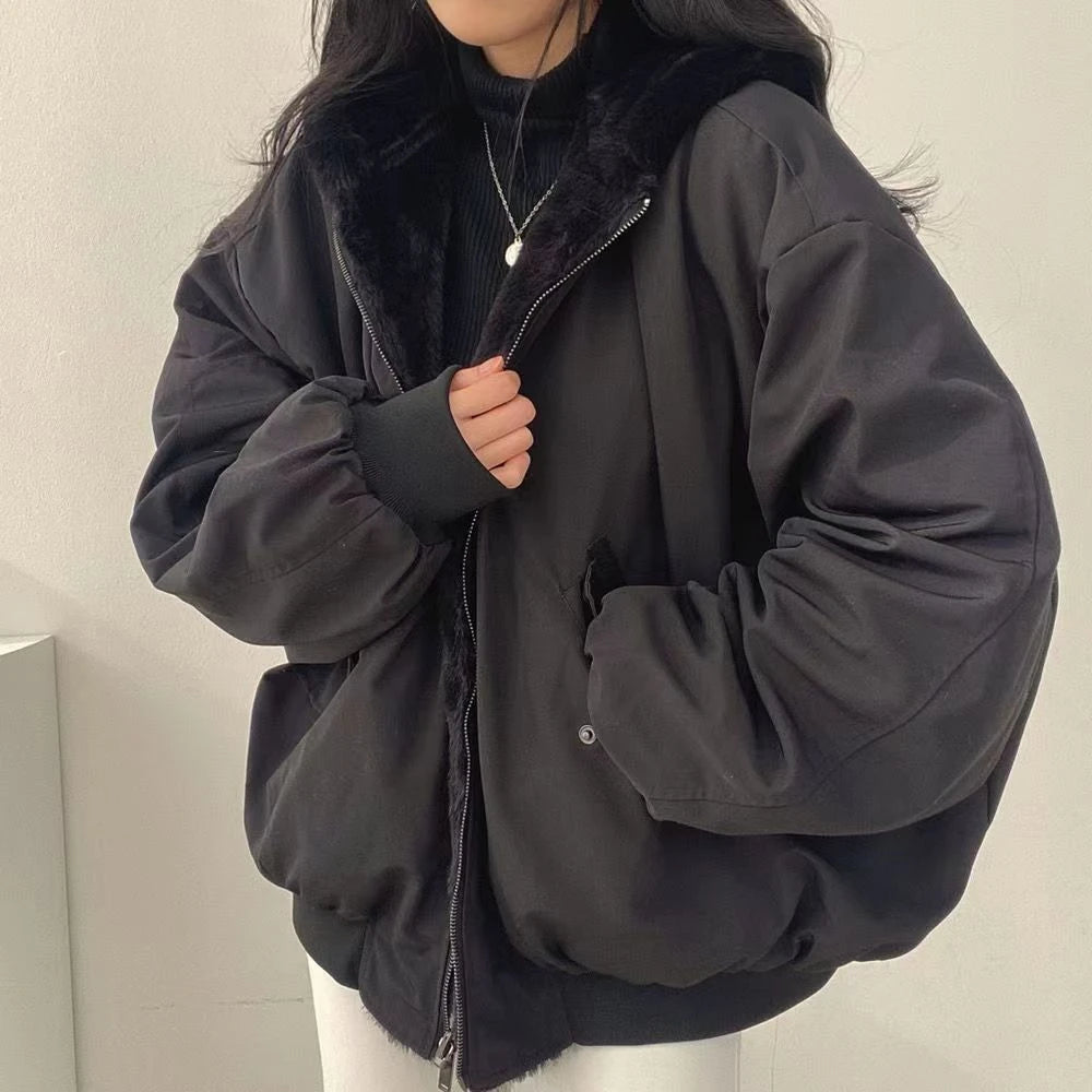 Faux Fur Coats Women American Vintage Jackets Long Sleeve Hooded Office Lady Trench Winter Clothes Y2k Grey Jackets Streetwear