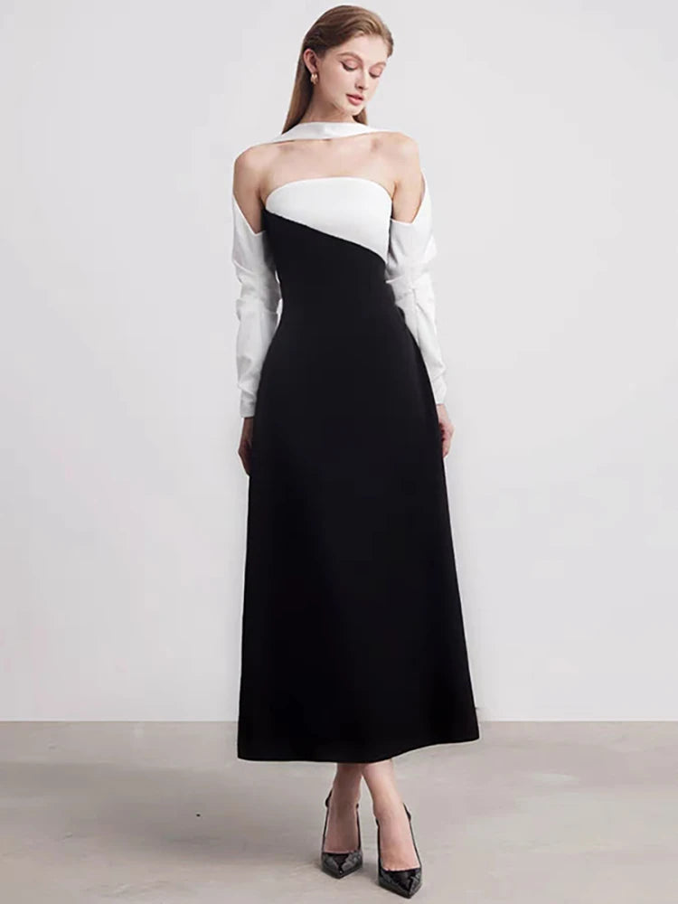 DEAT Elegant Dress Strapless Off Shoulder Contrast Color Asymmetric Women's Party Halter Dress 2026 Spring New Fashion 13DB4516