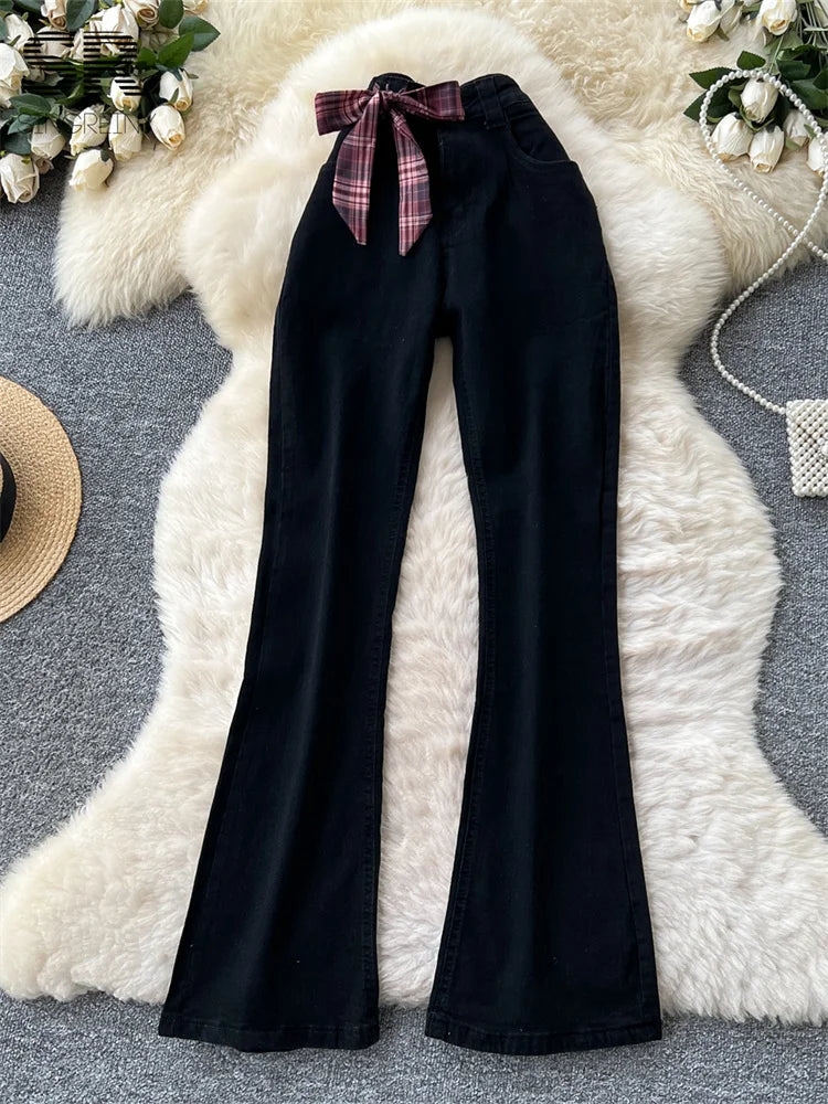 SINGREINY 2025 American Retro Flare Jeans Ladies Zipper Bow Design Slim Chic Trousers Women Autumn Senior Vintage Long Pants
