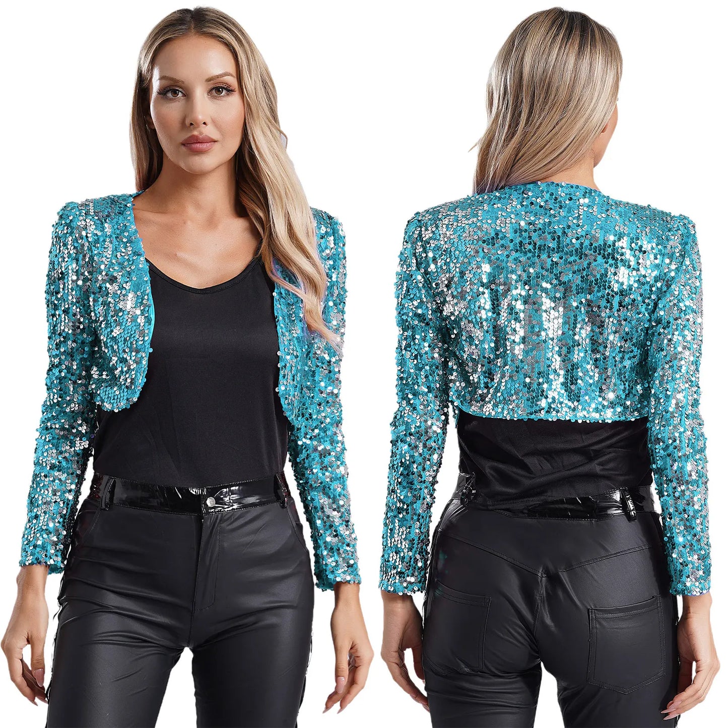 Womens Sequin Crop Jacket Open Front Long Sleeve Fully Lining Cardigan Cropped Blazer Bolero Shrug Cocktail Club Party Outerwear