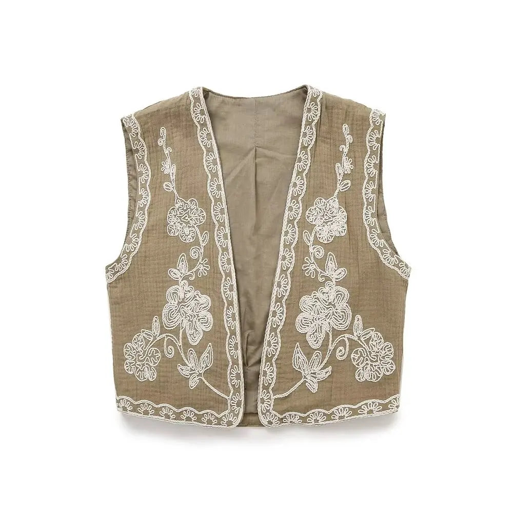TELLHONEY Women Fashion V-Neck Embroidery Waistcoat Vest Tops Female Casual Vintage Sleeveless Outerwear Jacket