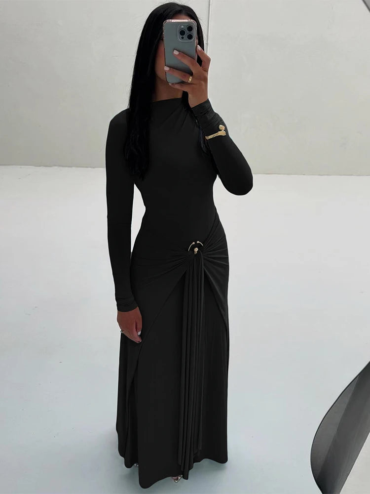 Sisterlinda Sequined Pleated Maxi Dress Classic Solid Full Sleeve Crew Neck Ribbons Sheath Long Robe Mujer Hipster Evening Wear