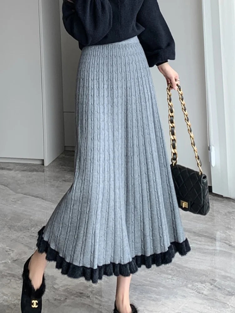 SMTHMA Mink Fur Skirt For Women's 2026 New Autumn Winter Elastic High Waist Knitted Skirt Ladies Mid Ruffle Pleated Skirt