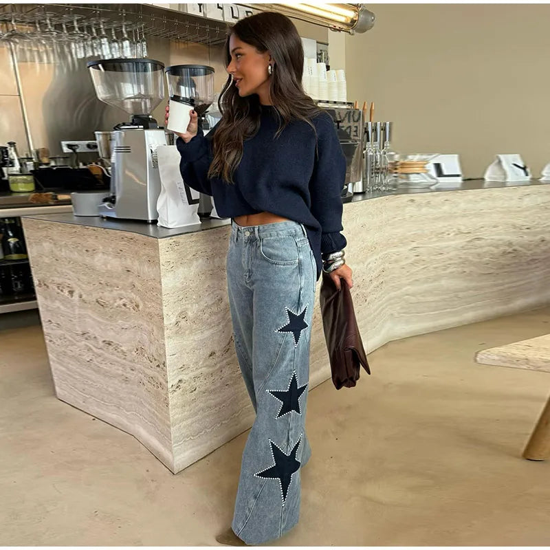 Classic Studded Denim Jeans Pant Women's Star Patchwork Baggy Pants Wide Leg Trendy Streetwear Casual Daily Female Trousers