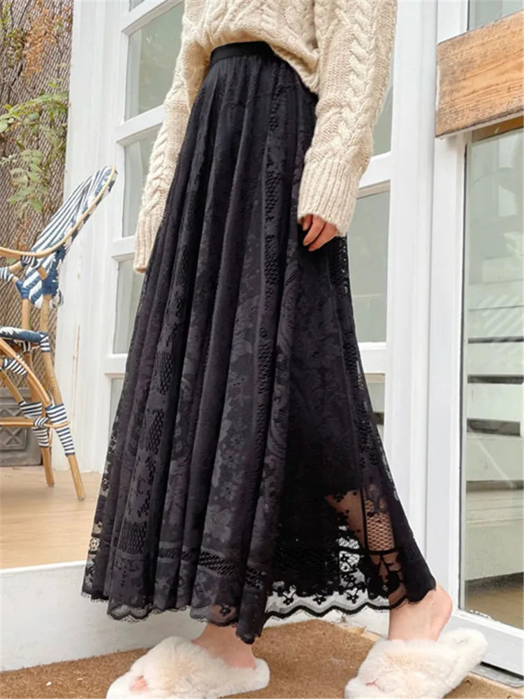 REALEFT Vintage Women's Lace Crochet Umbrella Long Skirts Bohemian High Waist Hollow Out Female Maxi Skirts Spring Summer