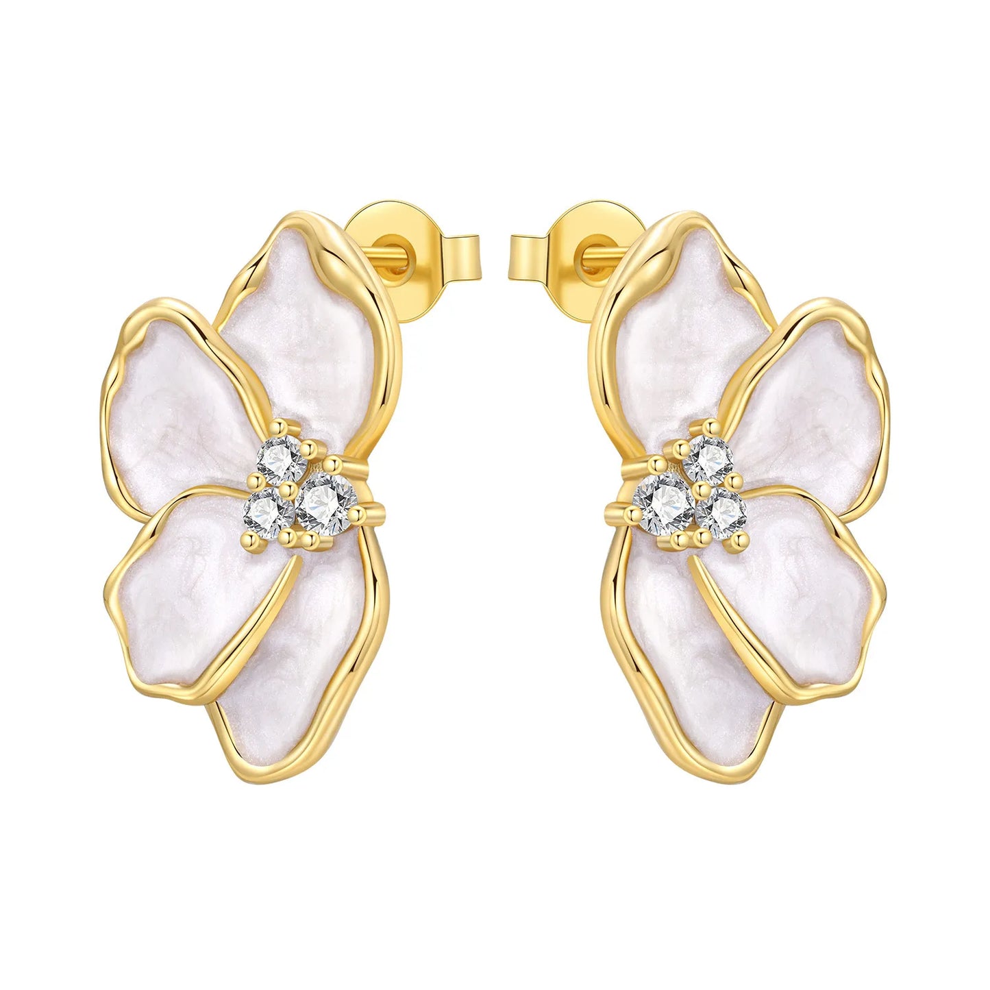 Original 925 Sterling Silver Fashion Zircon 18K Golden Petal Stud Earrings for Women Birthday Party Accessories Gifts Jewellery
