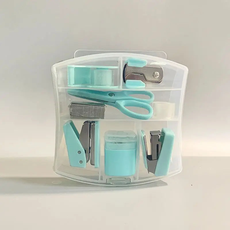 8 PCS Mini Office Supplies Set with Portable Case - Including Scissors Tape Box Pencil Case Puncher and Staples