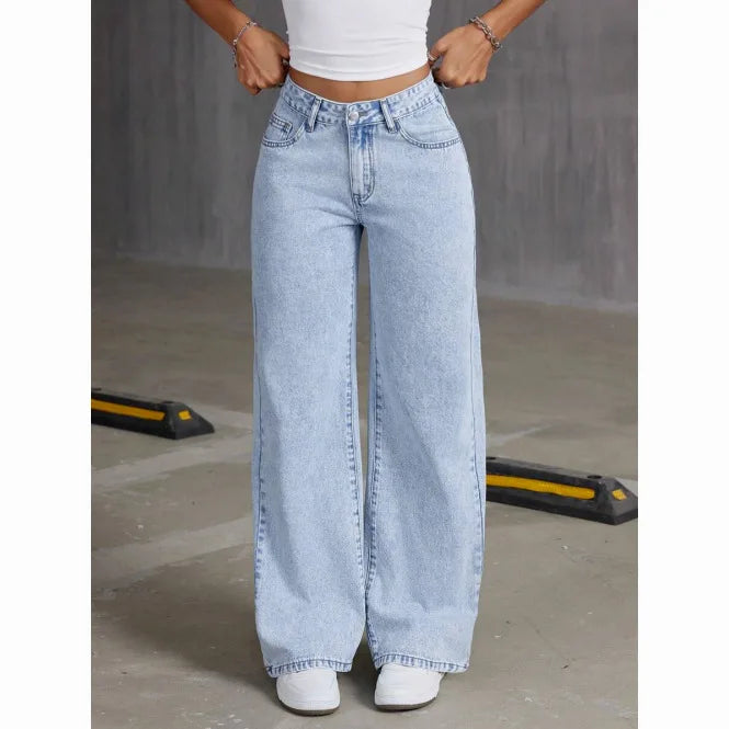 Loose Straight Leg Wide Leg Jeans Casual Sle l Waist Folded Fabric Stand Edition Slight Elastici Pure Color Wome...