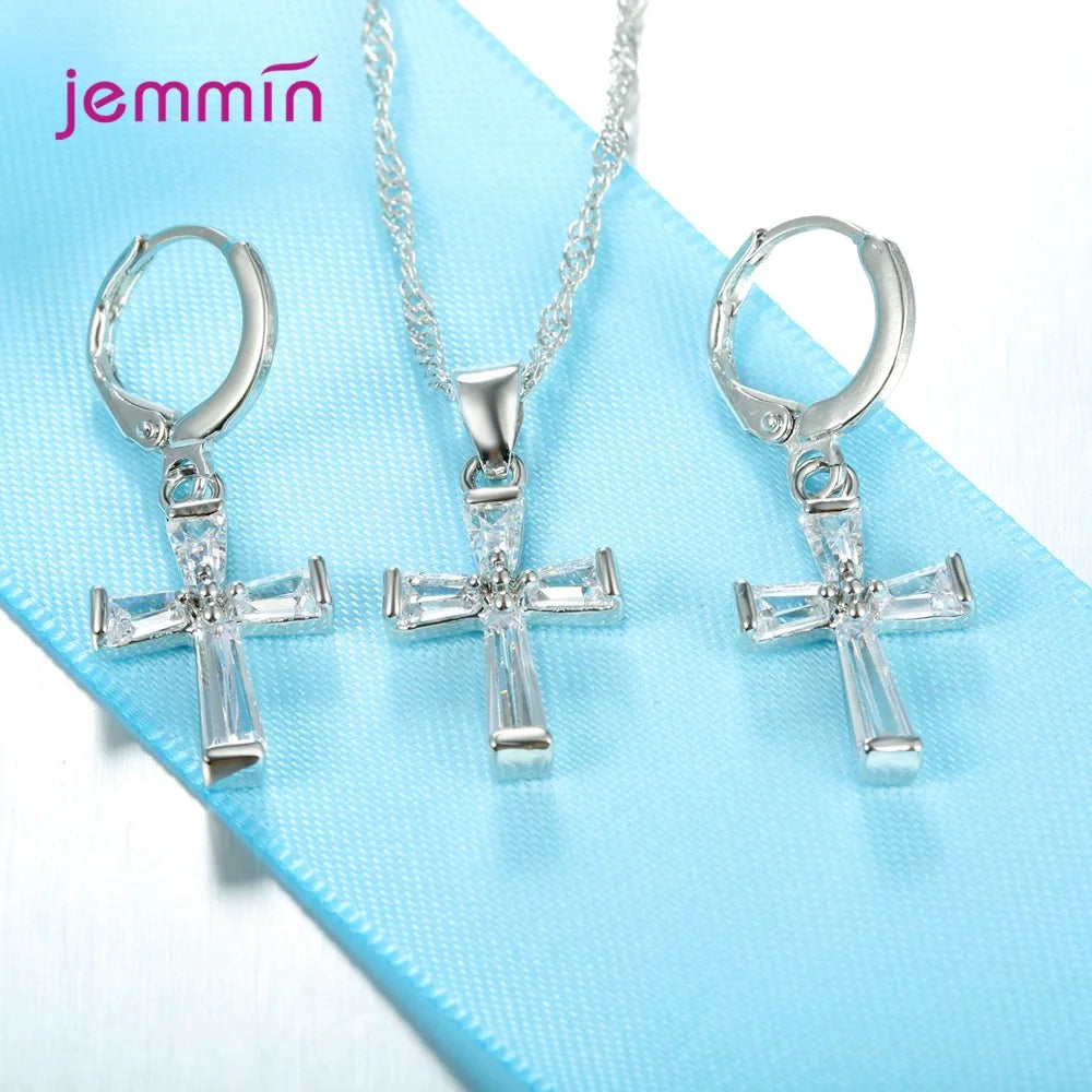 Fashion Jewelry Set For Women Girls 925 Silver Jewelry Set Crossing Pendant Necklace Hoop Earrings Wedding Engagement