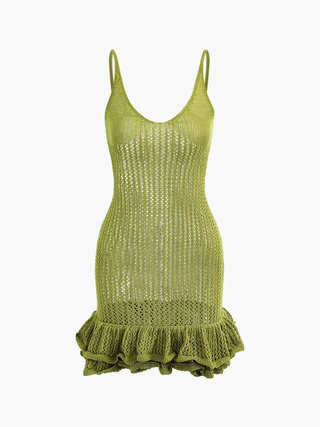 Open Knit Ruffle Hem Cami Mini Dress Crochet Knit Dresses Sleeveless Cover Up Dress Summer Party Female Soild Crochet Dress