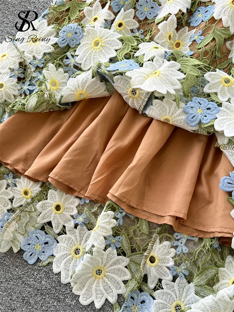 SINGREINY Embroidery 3D Floral Dress Women Sleeveless Hook Flower Hollow Backless Dress 2025 Light Luxury Elegant Long Sundress