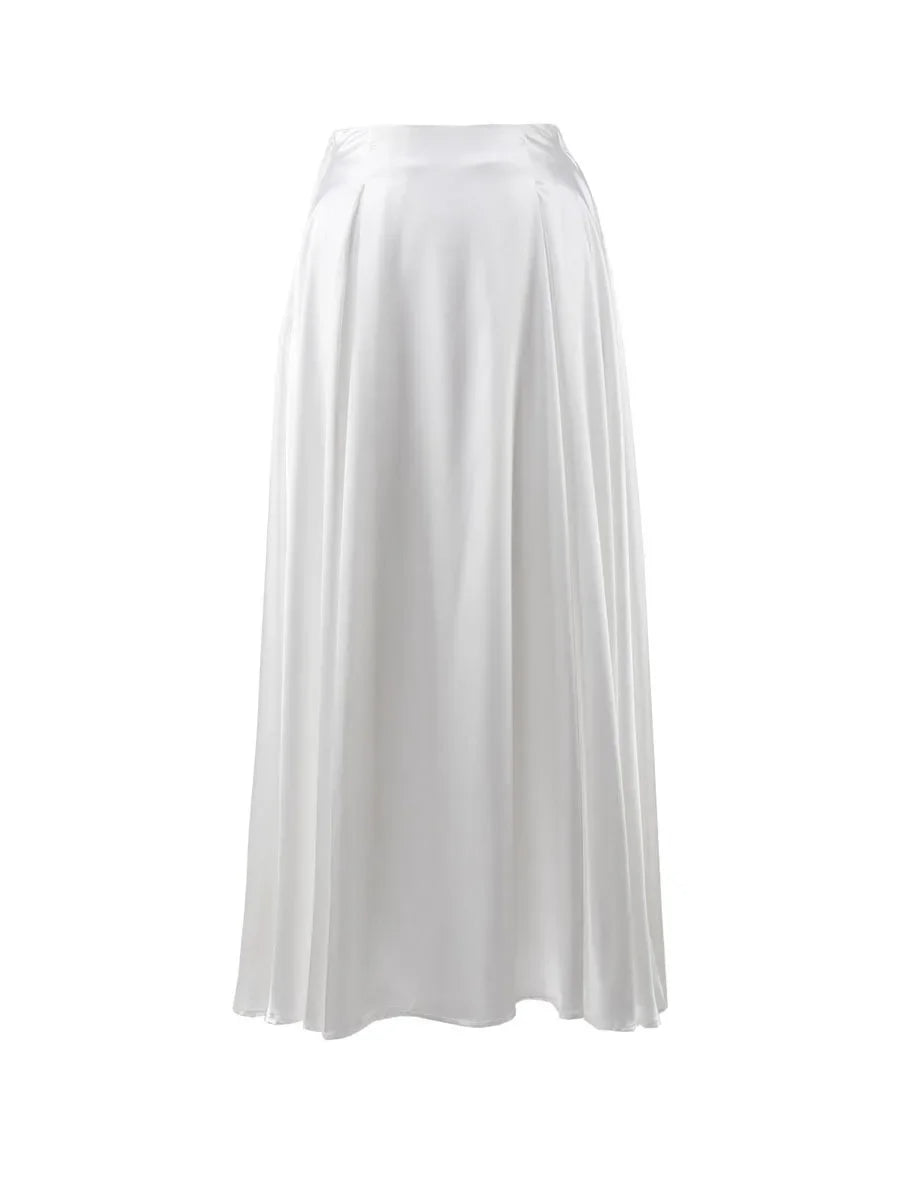 Elegant Women's Skirt Autumn Satin Silk Long Skirts for Women Fashion 2025 Lady Solid Color Khaki White High Waist Skirt Women