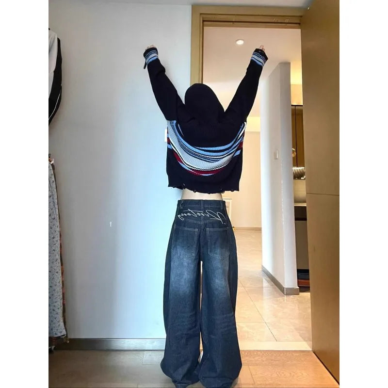Womens Jeans High Waist Vintage Design Hip Hop Straight Baggy Denim Pants Street Y2K American Style Wide Leg Denim Trouser