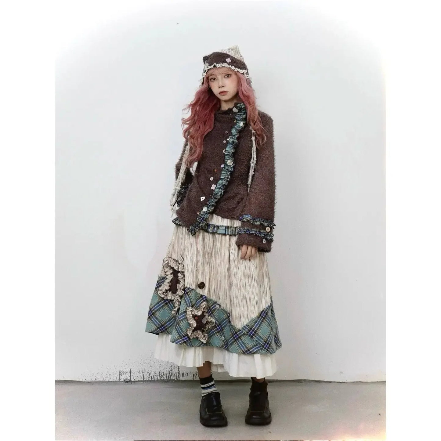 Autumn/Winter Retro Plaid Long Skirt Wandering Style High Waist Slimming Spliced A-line Loose Casual Vintage Skirt for Women