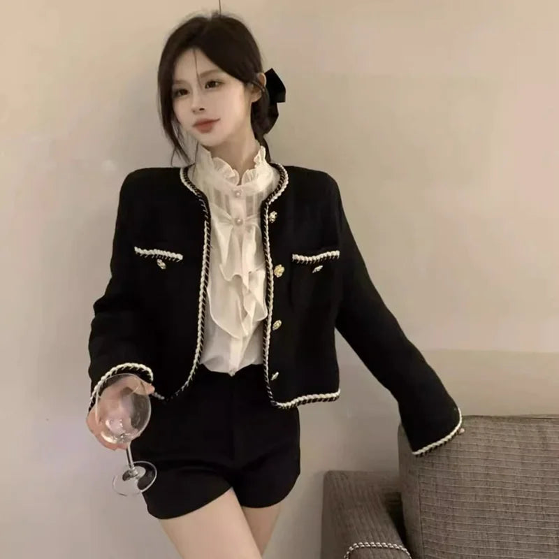 Smvp 2024 Autumn Winter New Elegant Black Coat Women Korean Thicken Warm Single Breasted Blazer Casual Short Outerwear Tops Lady