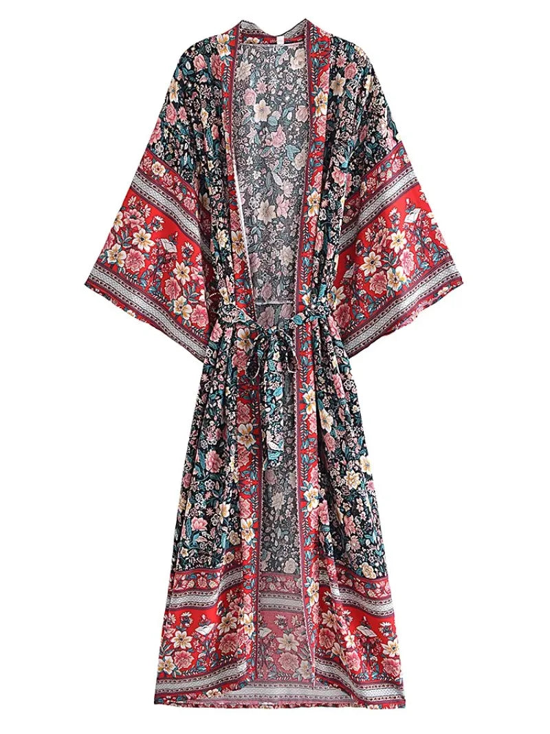 Vintage Chic Women Multi Floral Print Sashes Beach Bohemian Kimono Ladies V Neck Batwing Sleeves Maxi Robe Boho Bikini Cover-ups