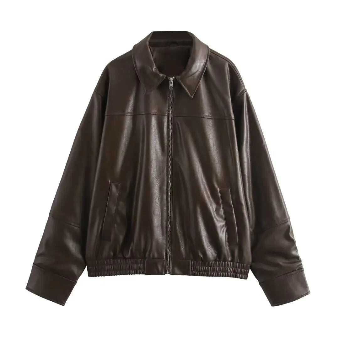 HH Female Streetwear Style Coats Solid Turn-Down Collar Long Sleeves Pockets Zipper Autumn Jackets Woman 2024 Trendy 2 Color