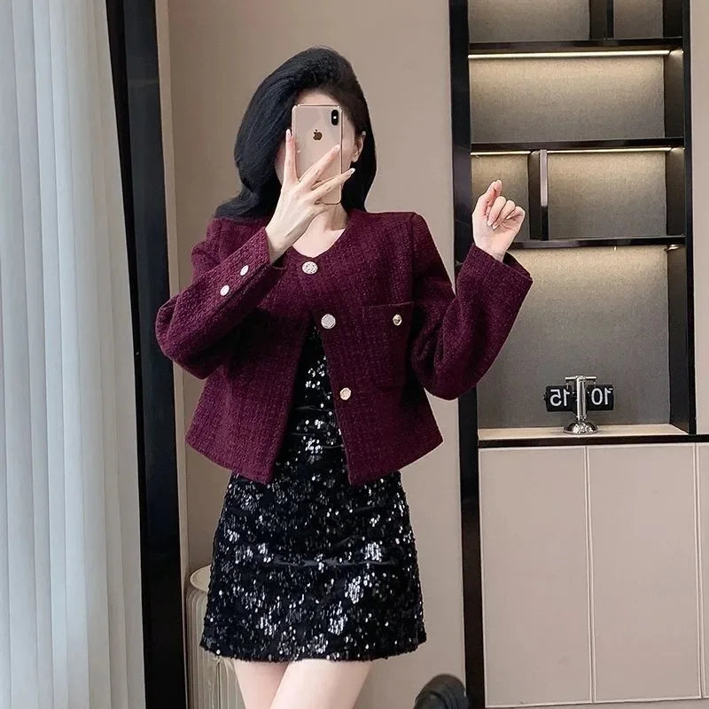 2025 Korean Purple Tweed Short Jacket Women's Coarse Woolen Coat Spring Autumn O-neck Single-breasted Streetwear Lady Outerwear