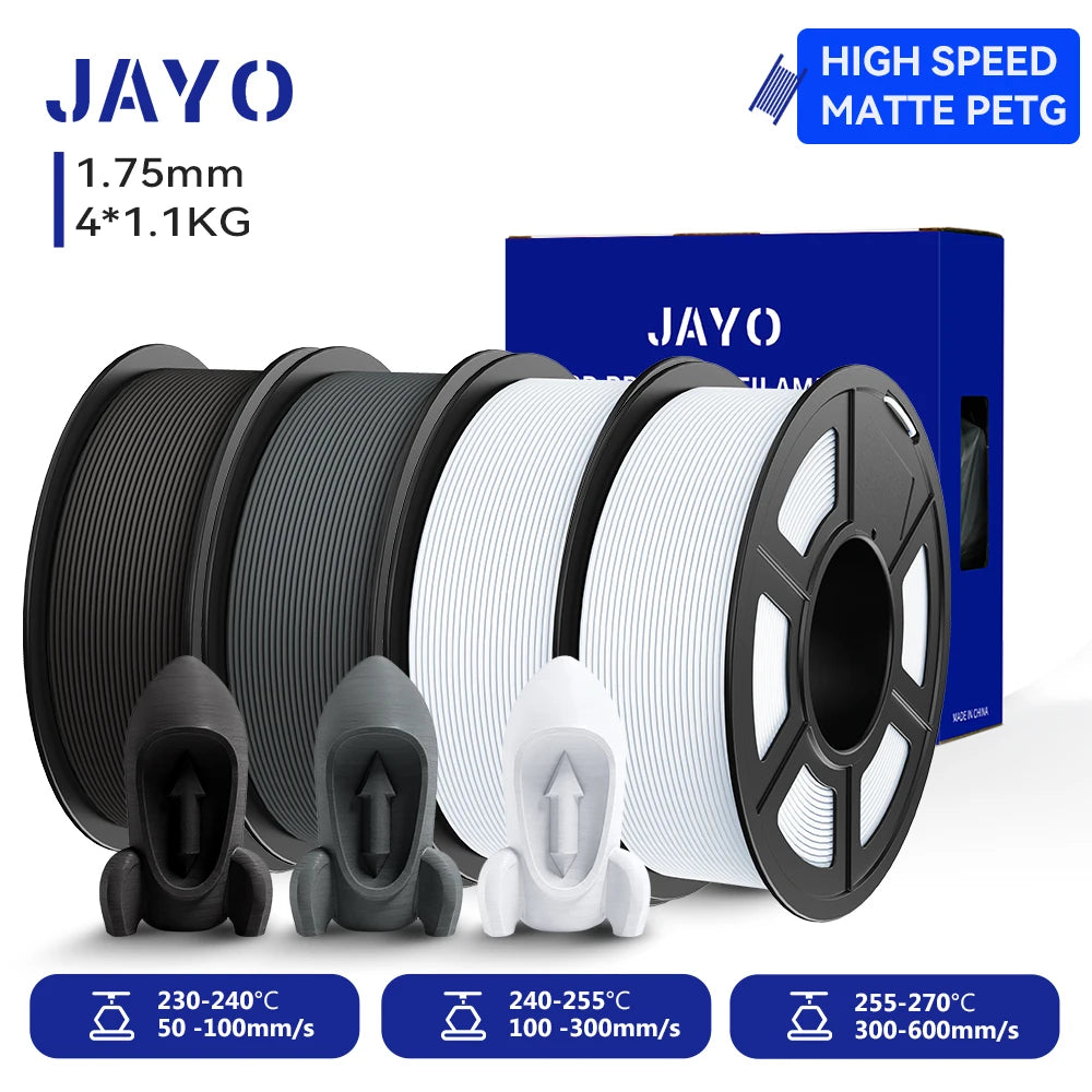 JAYO 4Rolls 3D High Speed Matte PETG 3D Filament 1.75mm 30mm/s - 600mm/s Print Range High Flow Speedy PETG 3D Printer Filament