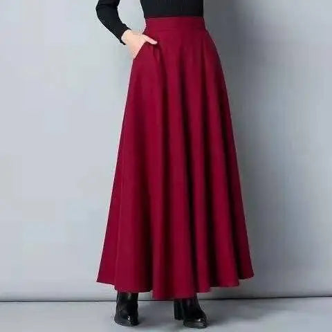 Autumn Winter Black Gray Large Size Woolen Long Skirt Women Fashion Korean Ladies Red High Waist Festival Pleated A-line Skirts