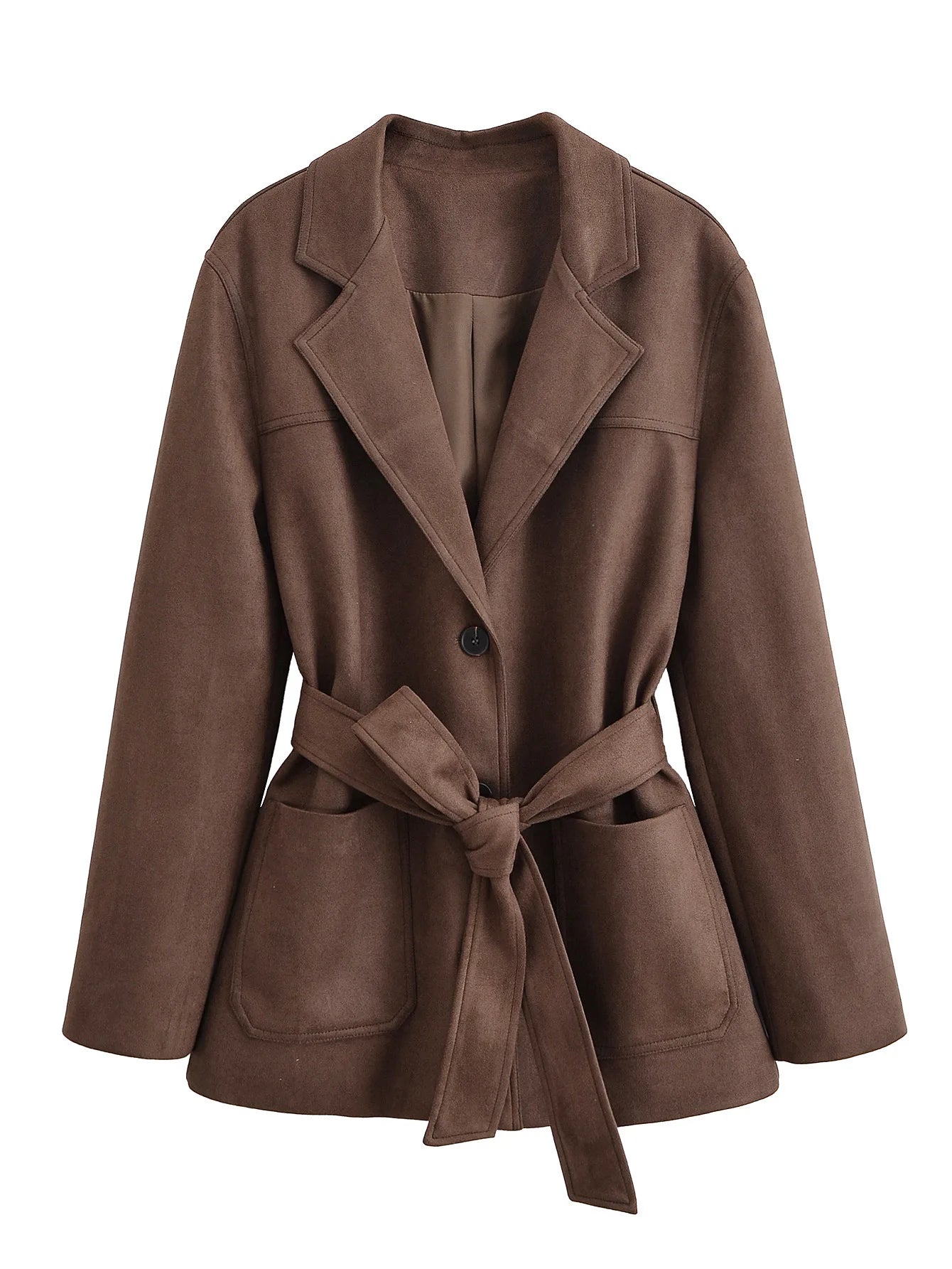 Vintage Brown Suede Jacket for Women Single Breasted Turn-down Collar Blazer with Pocket Casual Office Outerwear Autumn 2025